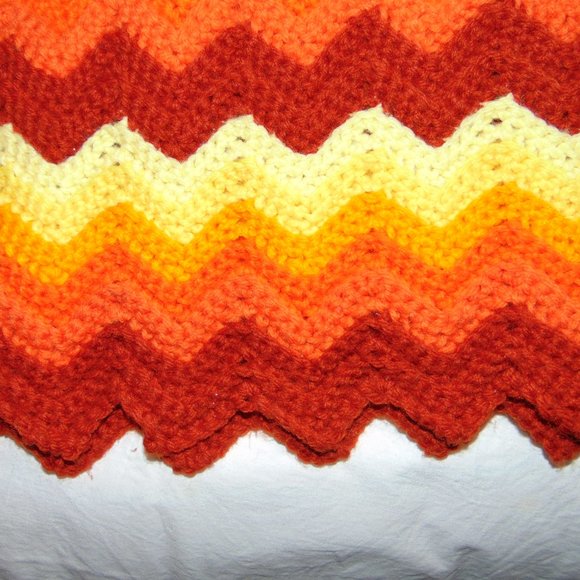 Vintage Crocheted Afghan, Ripple Chevron, Yellow/Orange/Rust, 45 x 84 - Picture 11 of 11